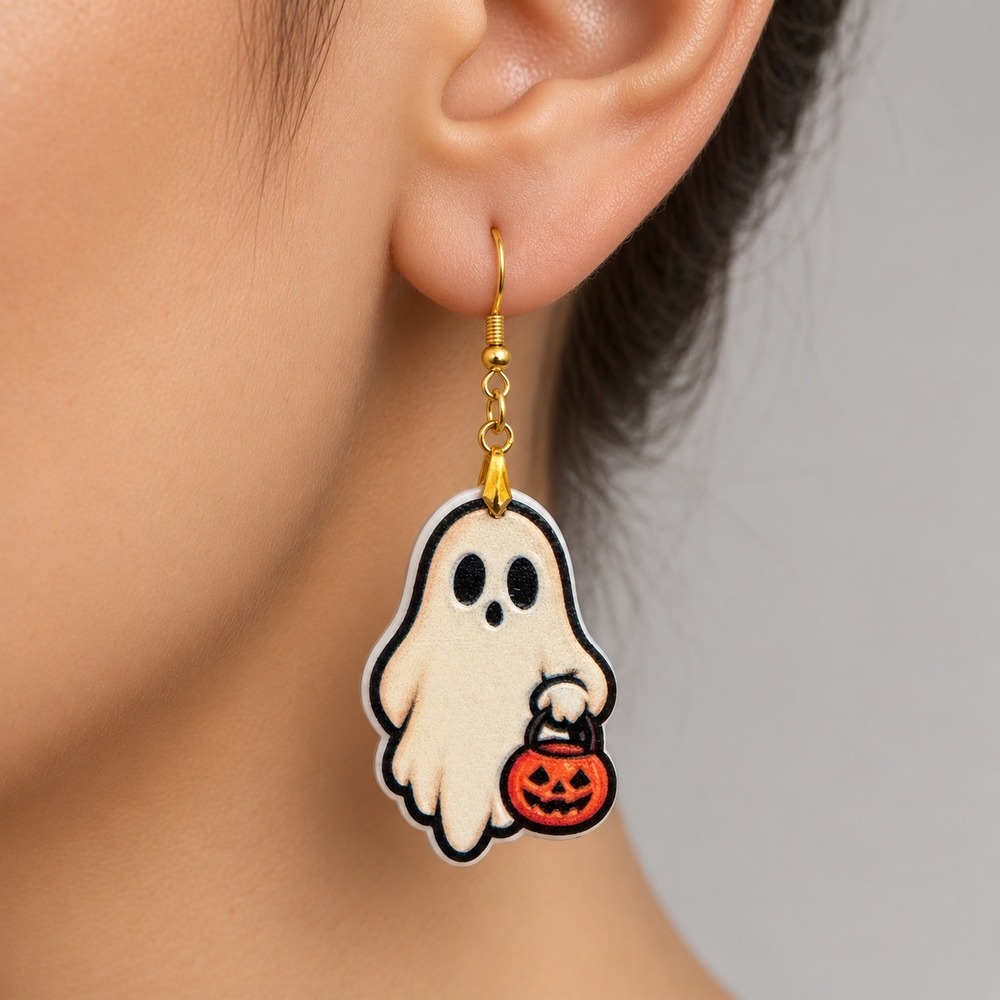 Trick Or Treat Ghost Acrylic Dangle Earrings Gold Tone Hooks - Picture 2 of 2